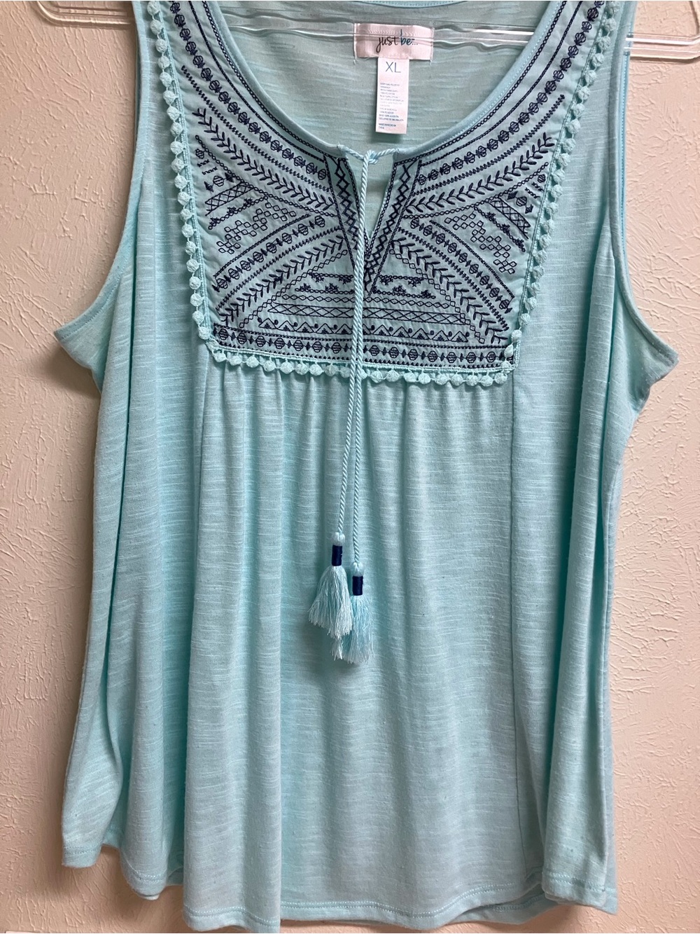 just be Mint Green Sleeveless Tank with Navy Embroidered Yoke and Tassels